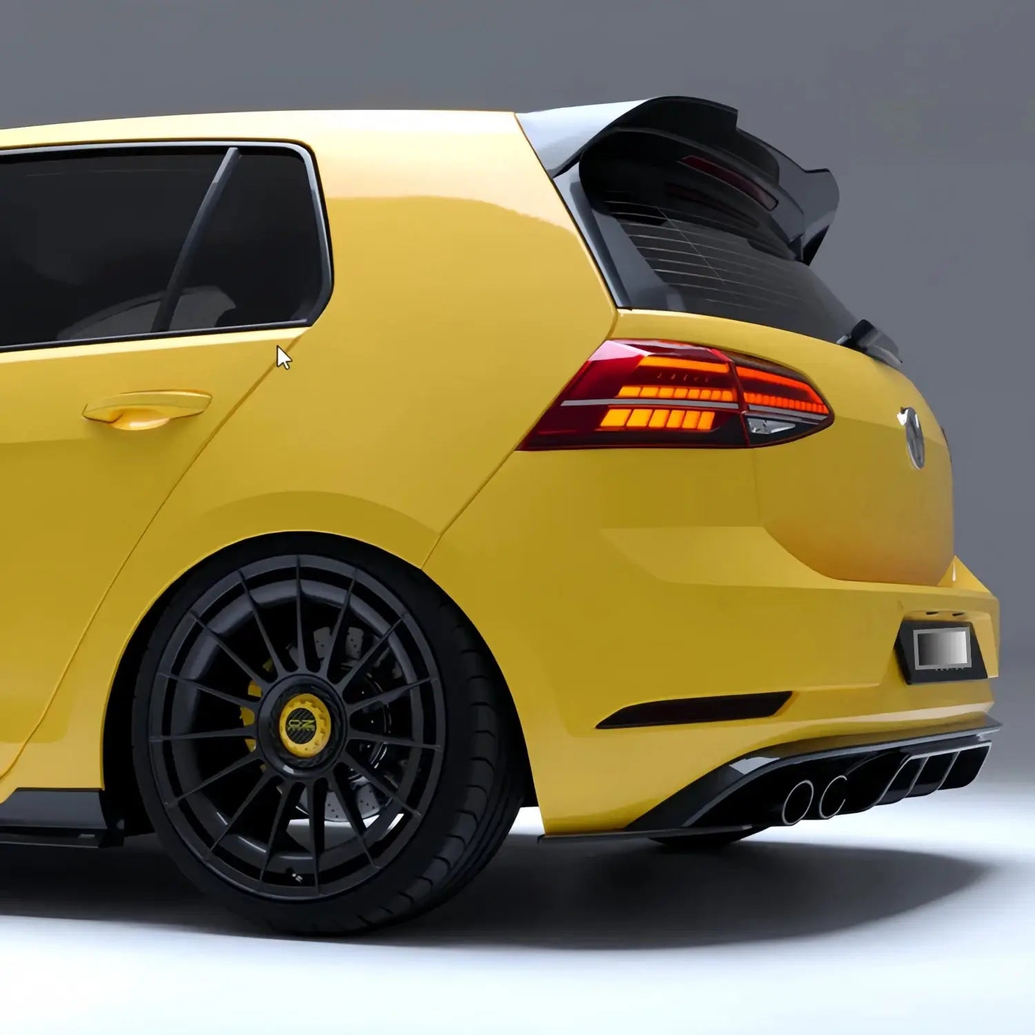 Gloss black Oettinger-style rear roof spoiler for VW Golf 7 MK7 on a yellow hatchback by Simples Market