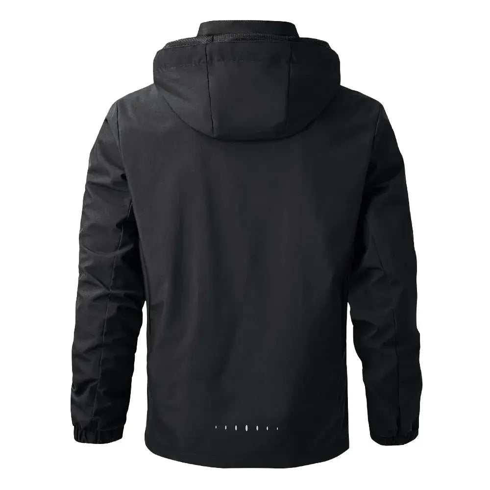 Men's waterproof hooded rain jacket, black, lightweight outdoor outerwear