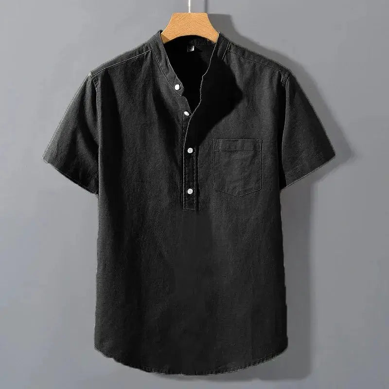 Mens Short Sleeve T Shirt Solid Color Stand Up Collar Breathable Cotton Top With Pocket For Summer Trendy