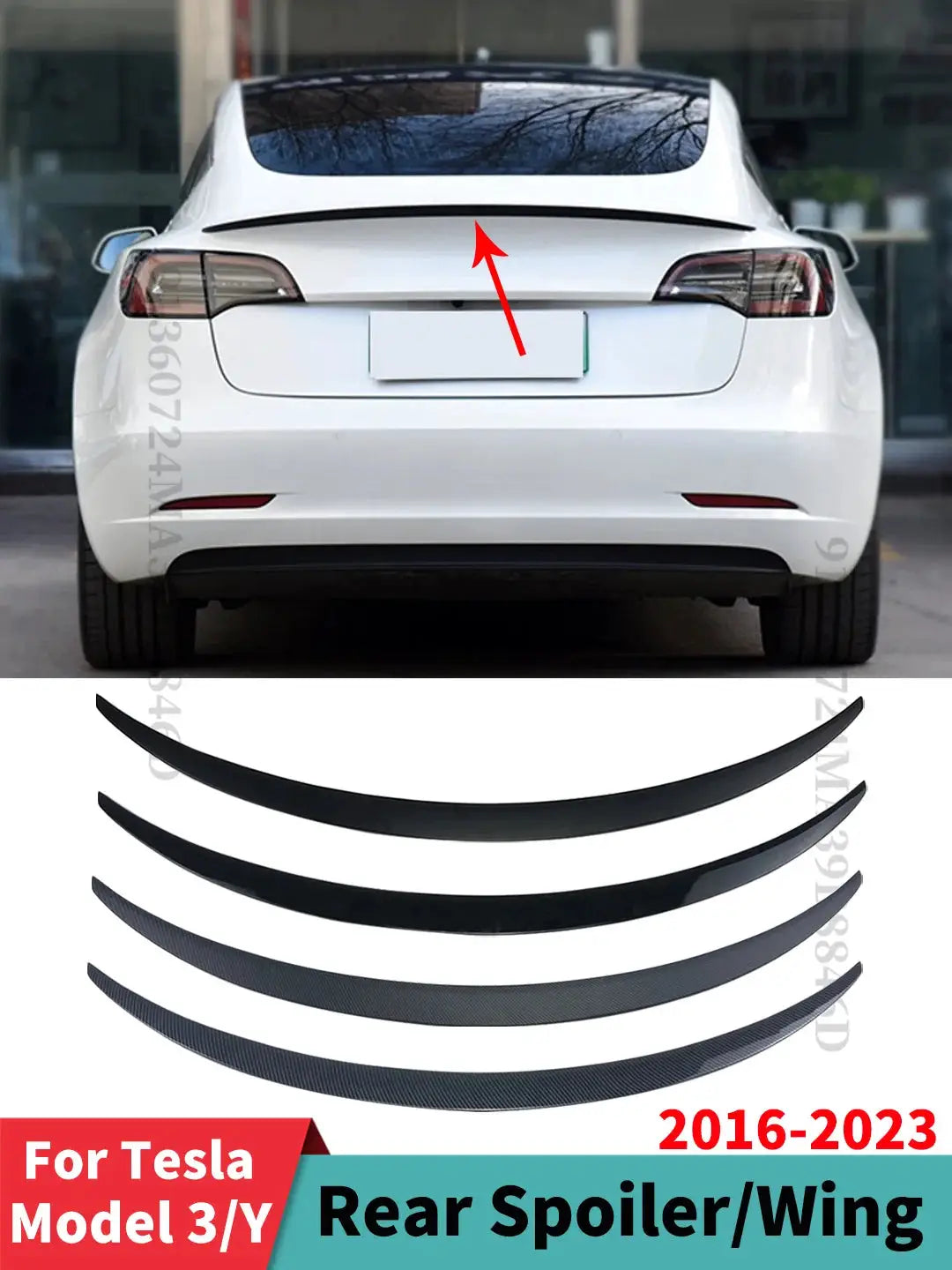 Rear spoiler wing for Tesla Model 3/Y (2016–2023); black carbon-fiber style spoiler strip set