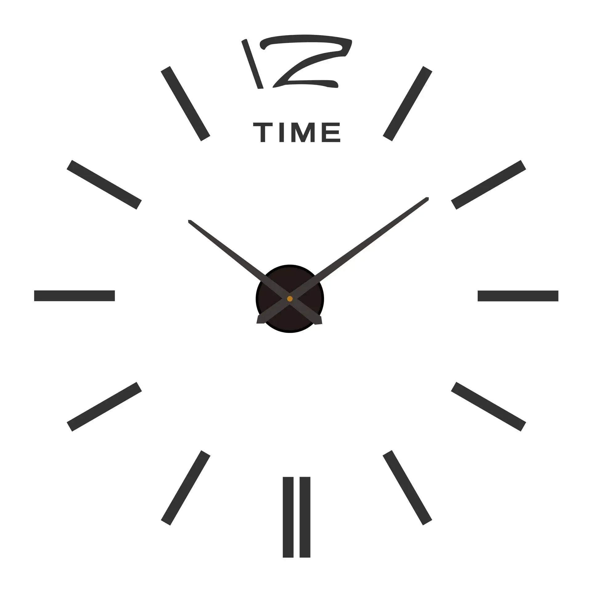 Large wall clock with bold black hour markers and crossed hands at a brown center hub
