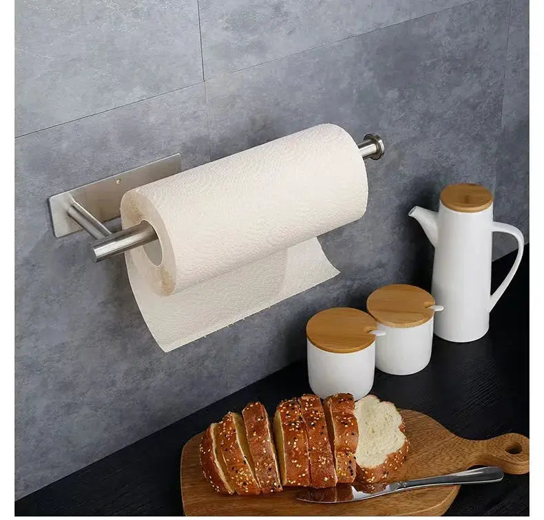 Kitchen paper towel holder with adhesive wall mount and silver metal rod