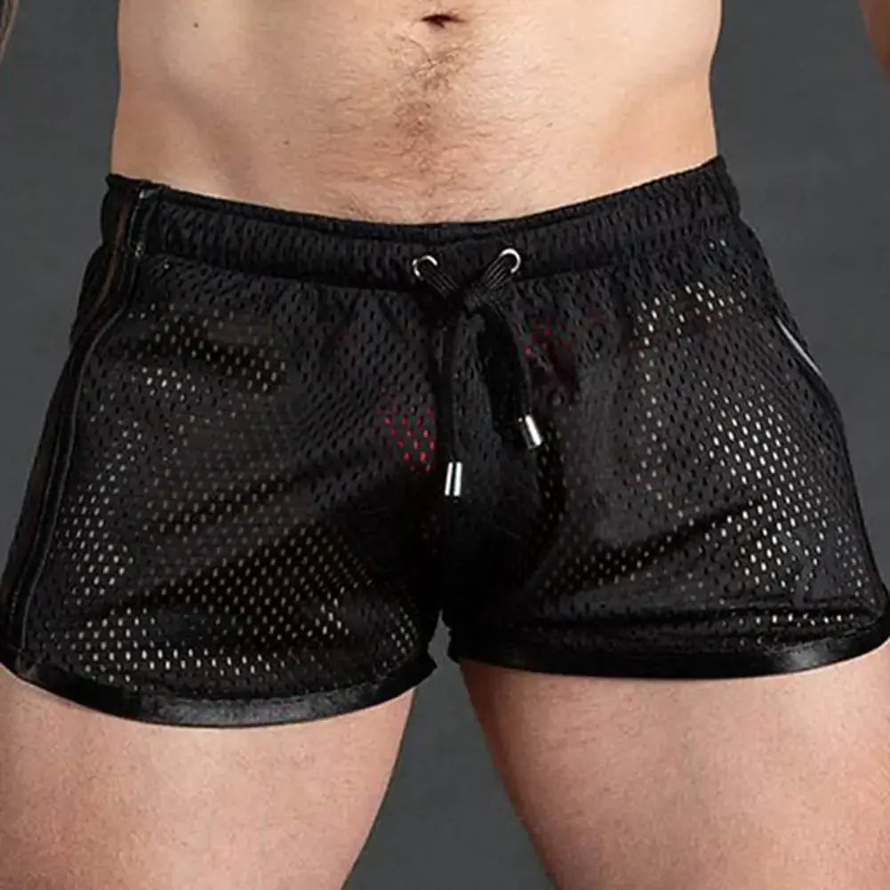 Men's black mesh sport shorts with drawstring, elastic waist, quick-dry fabric