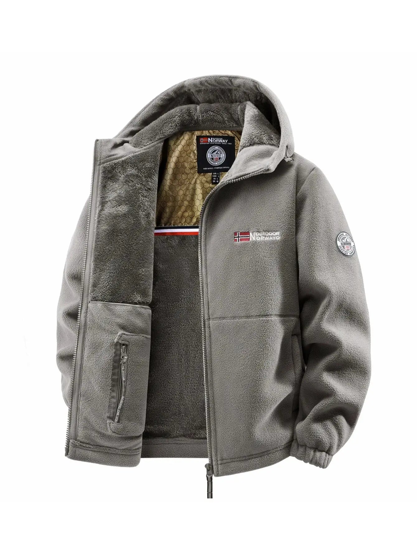 Men's gray fleece hooded jacket by Simples Market with zip front and Norway patch.