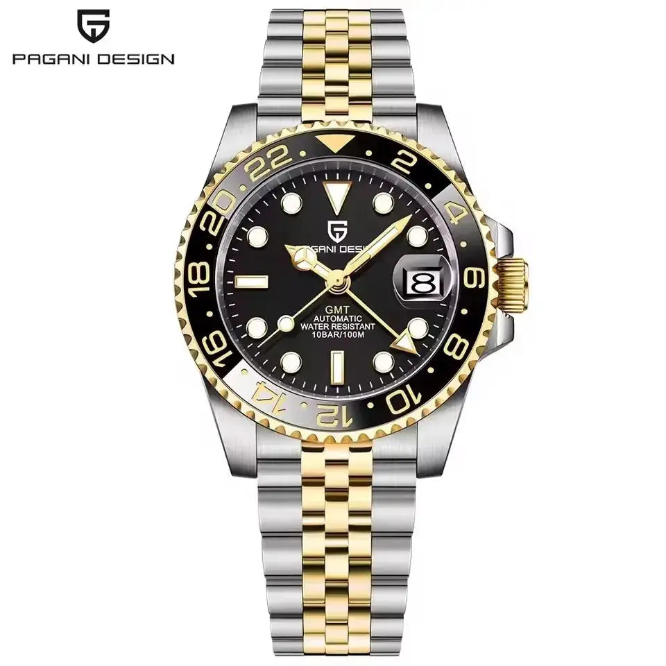 PAGANI DESIGN V3 GMT men's luxury sapphire automatic watch, two-tone stainless steel bracelet, black dial