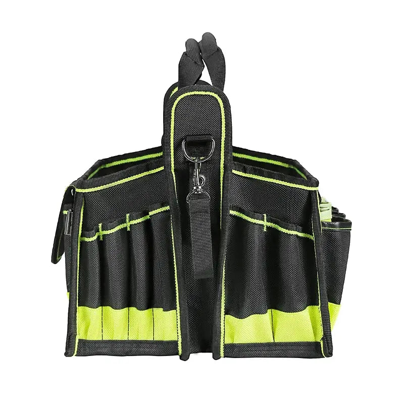 40-pocket tool tote bag in black with neon lime trim and multiple pockets
