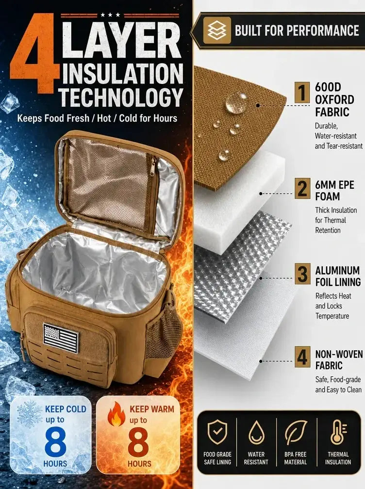 13L tactical thermal cooler lunch bag by Simples Market, tan with aluminum foil lining and leakproof insulation.