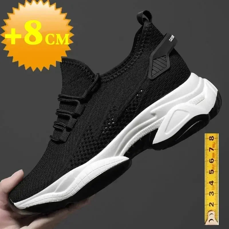 Black knit sneaker with white sole, 8 cm height-increasing, breathable casual shoe.