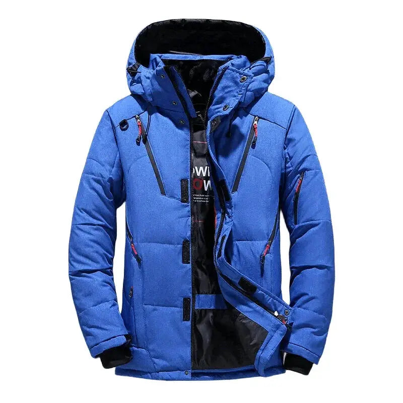 Men's blue duck-down hooded puffer jacket with zip pockets