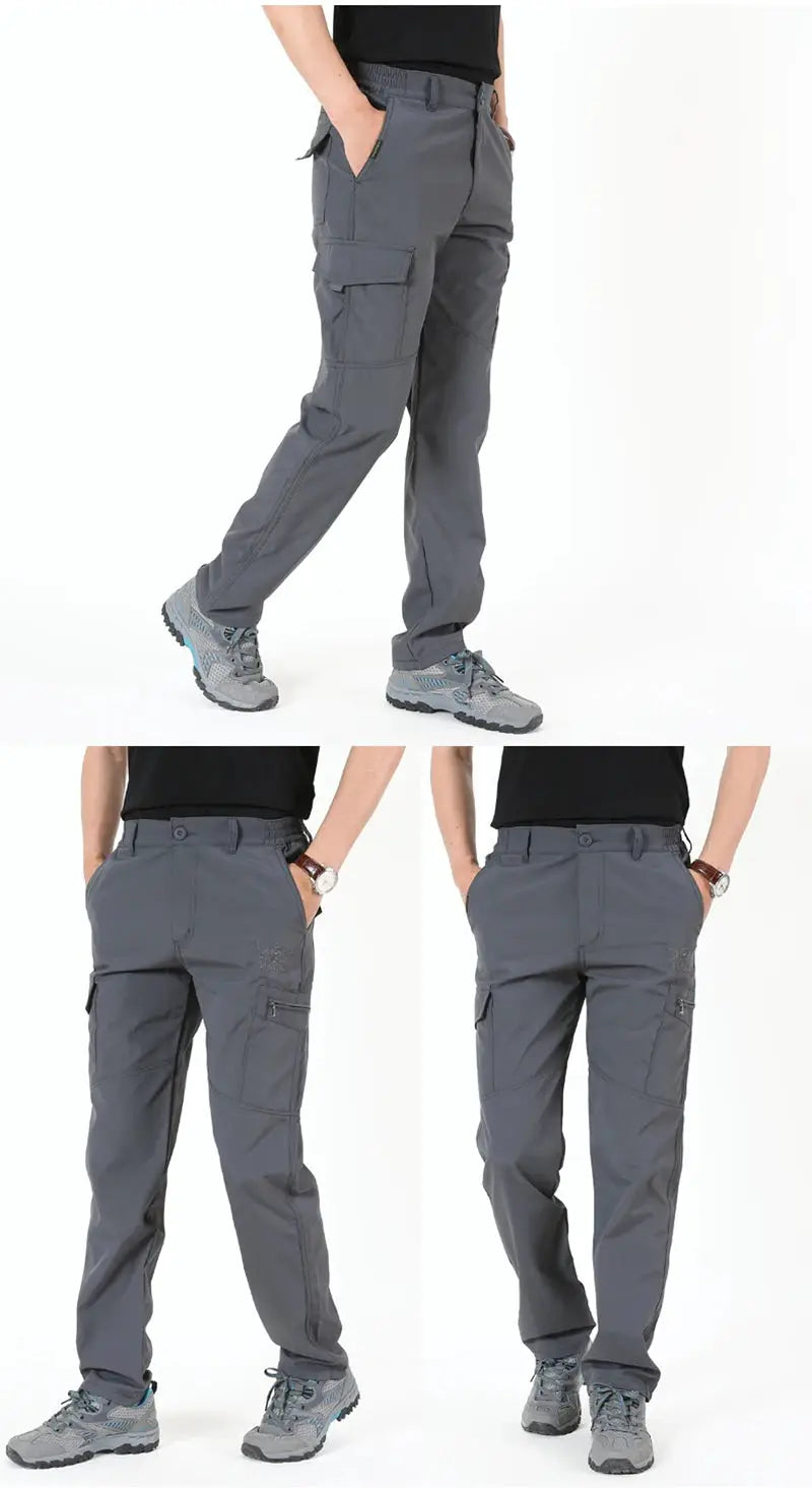Simples Market 2024 outdoor work tactical pants for men, grey fleece-lined waterproof cargo trousers with pockets.