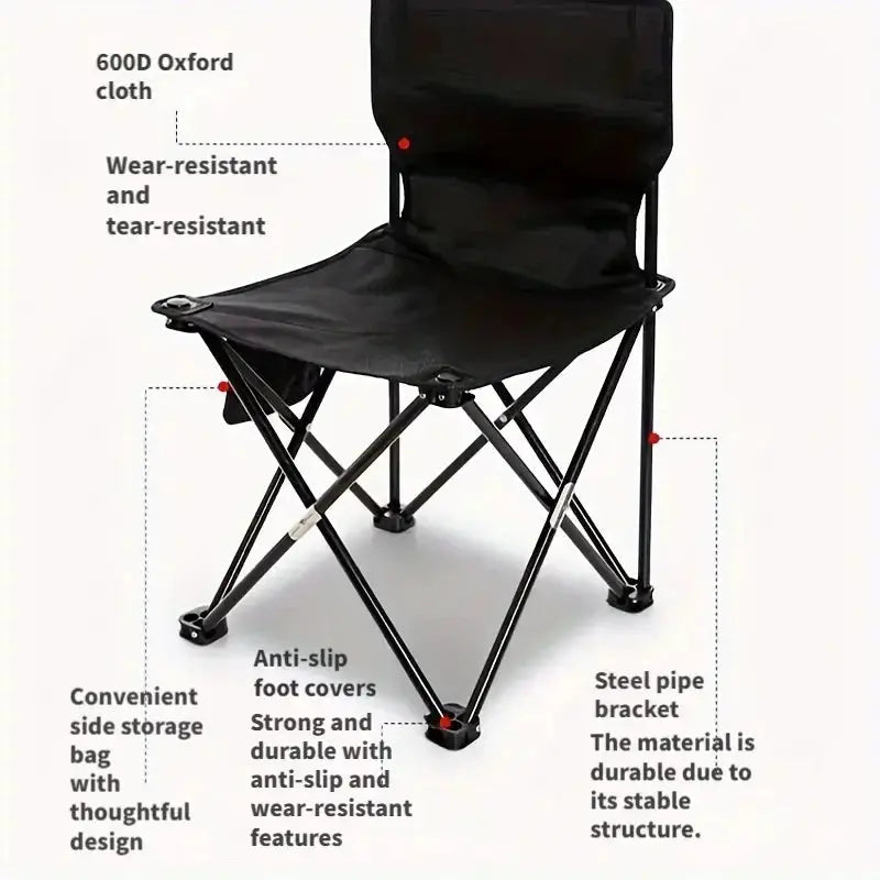 Portable folding camping chair with black Oxford cloth seat and side pocket, lightweight travel chair