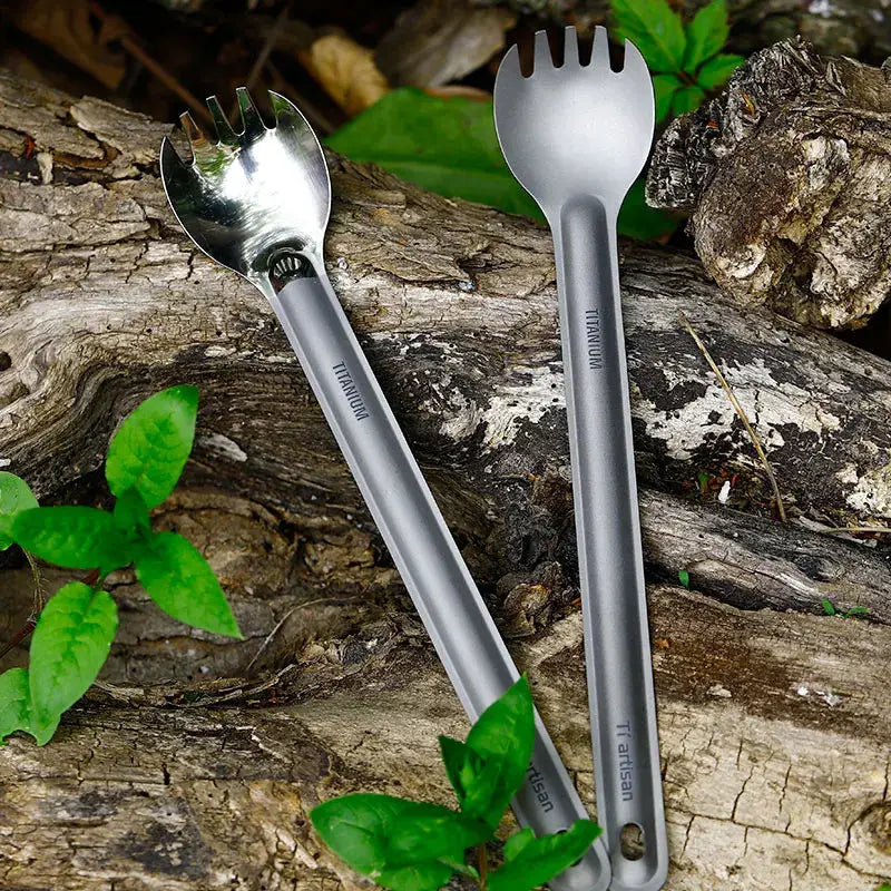 Tiartisan titanium long-handle spork spoon set (2) by Simples Market, ultralight camping tableware in silver