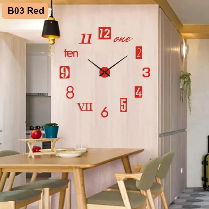 Soundless 90-120cm large 3D red-number wall clock poster decor on light wood wall in modern dining area