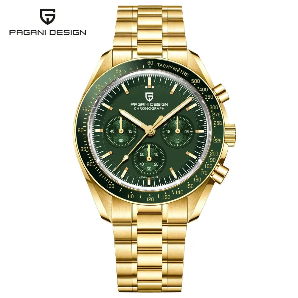 Pagani Design men's gold-tone chronograph watch with green dial and tachymeter bezel