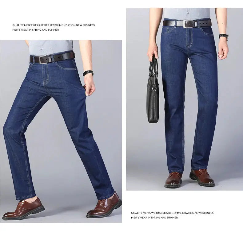 Men's elastic denim jeans by Simples Market, blue stretch cotton straight-leg casual pants