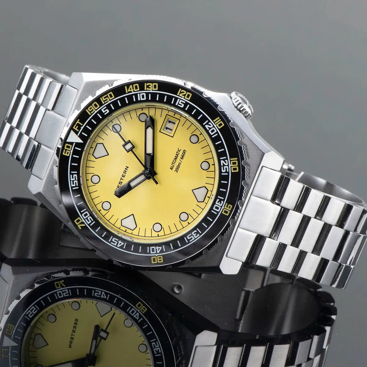 Seestern SUB600T V3 men's automatic diver watch with yellow dial, ceramic bezel, Jubilee stainless steel bracelet