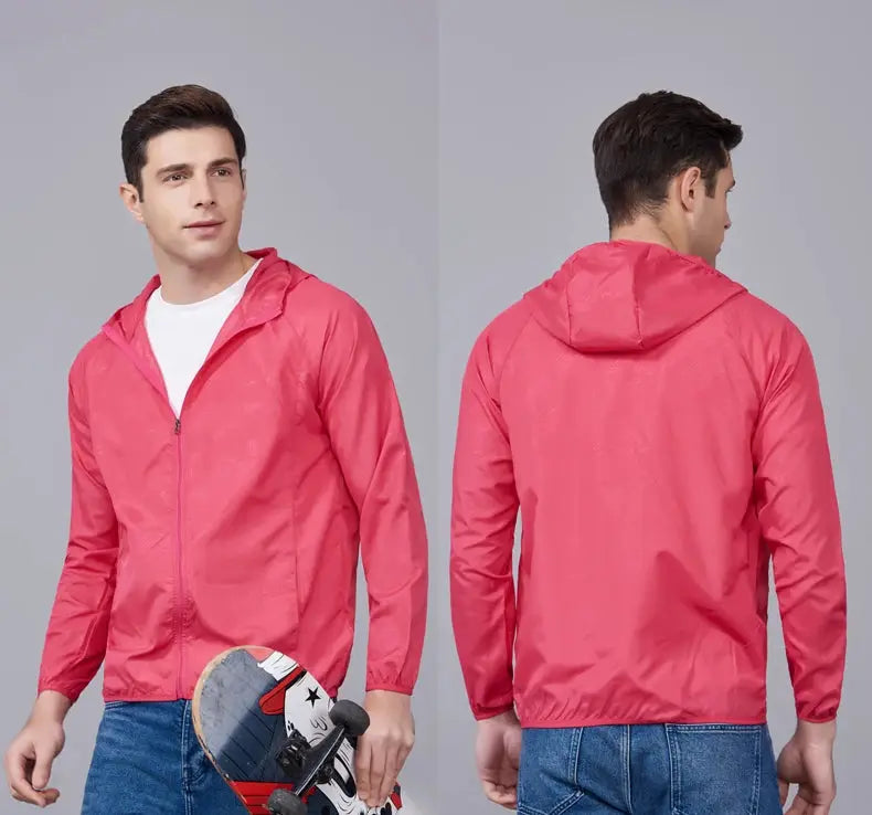 LNGXO waterproof hiking jacket, pink hooded windbreaker, unisex, front zip.