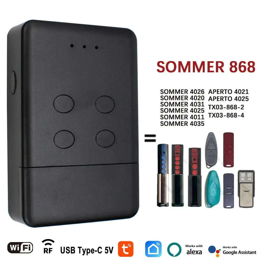 Simples Market WIFI Sommer 868 smart garage door opener with RF bridge and 868MHz handheld transmitter, black