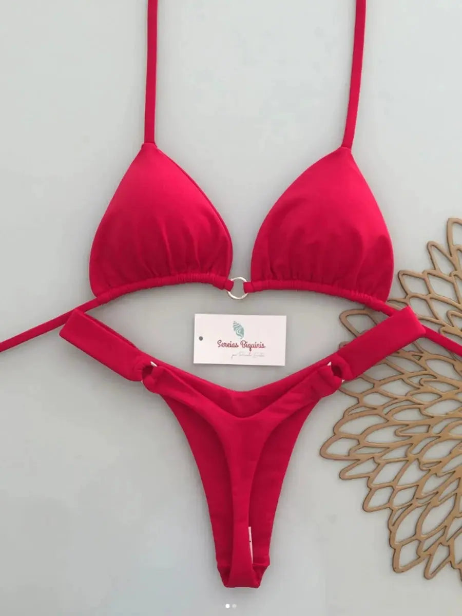 Micro bikini set in hot pink with halter triangle top and thong bottom, center-front ring detail, Simples Market