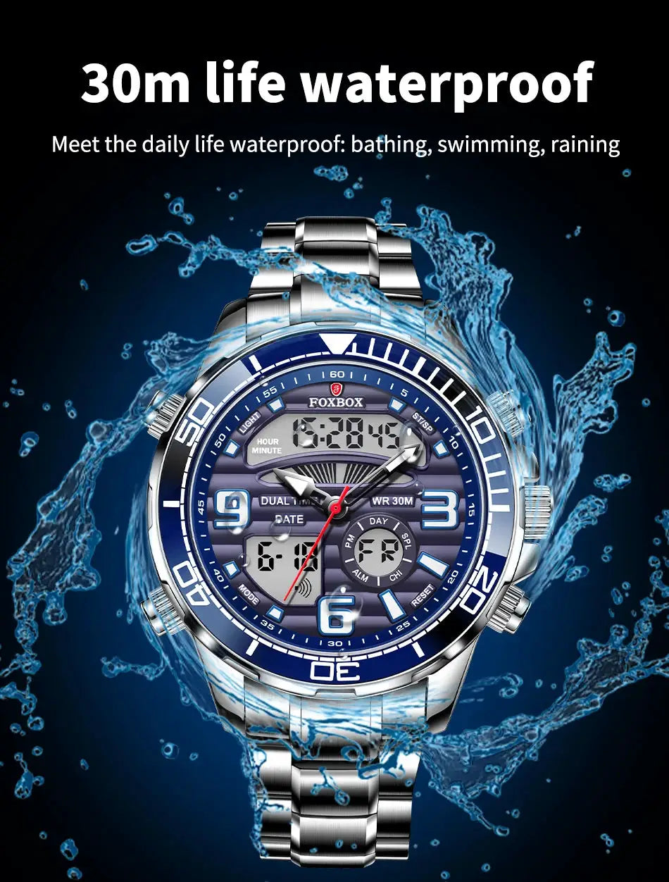 FOXBOX military sport watch with blue dial and stainless steel band; waterproof 30m