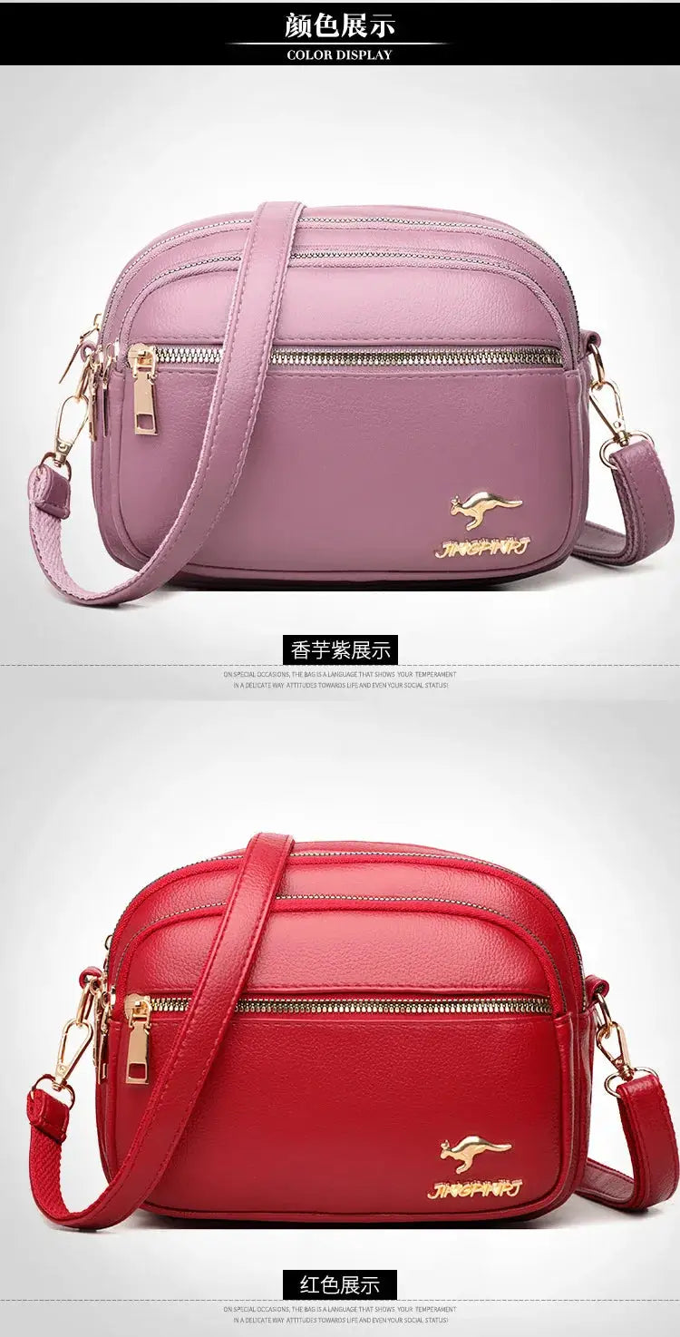 Shoulder bag by Simples Market in lavender and red, two-color display, crossbody strap, gold-tone logo