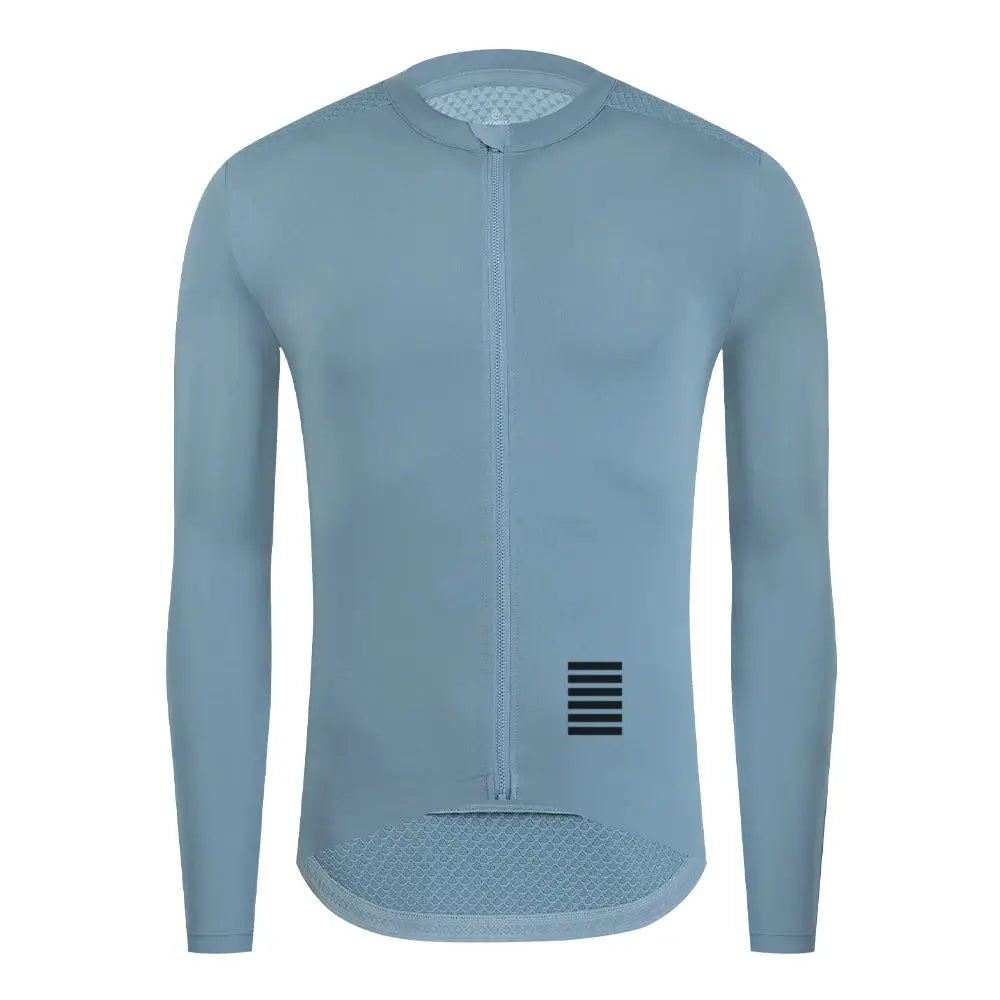 YKYWBIKE men's long-sleeve cycling jersey in light blue with a full-front zipper and breathable mesh hem