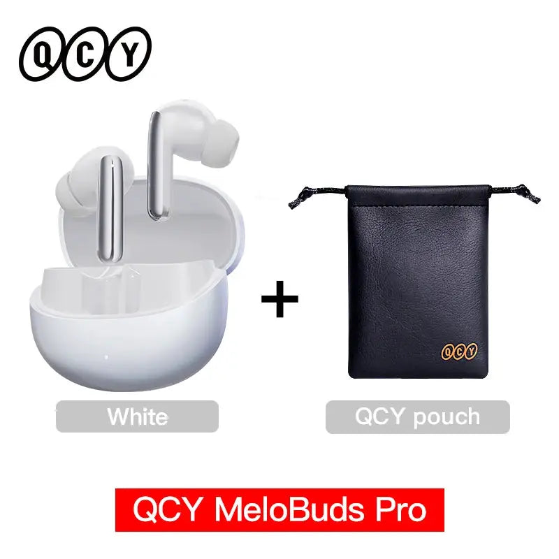 QCY MeloBuds Pro wireless earbuds in white with charging case and QCY pouch (2-piece set)