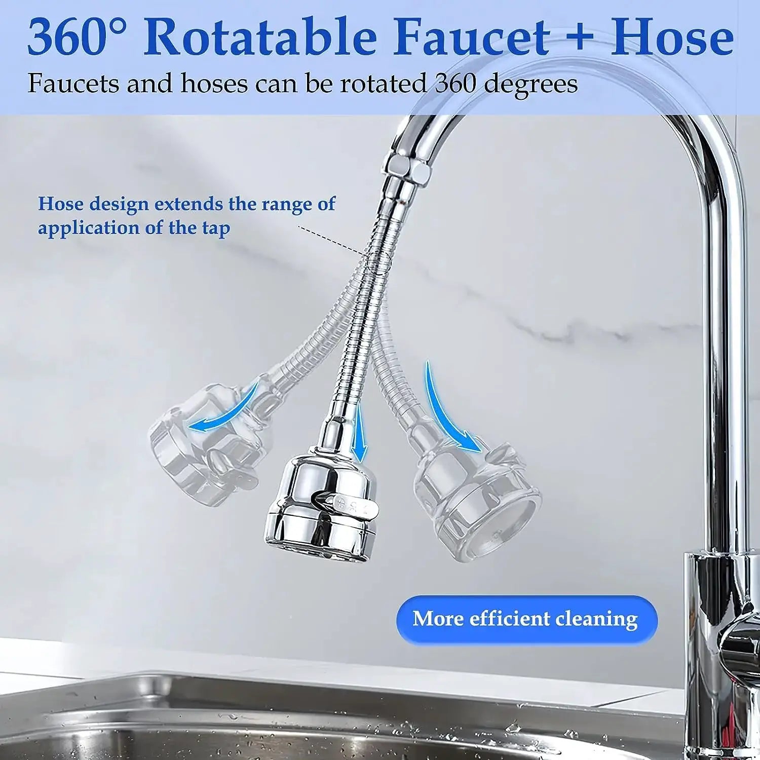 Simples Market 2/3-mode universal kitchen faucet adapter with chrome braided hoses, 360° rotating spray nozzle