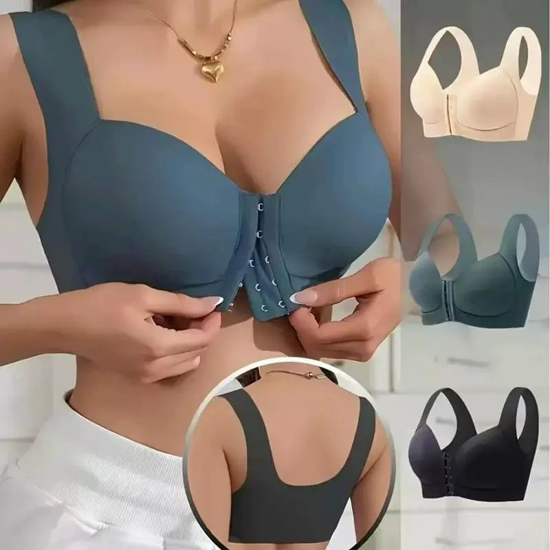 Women's front-button seamless bra vest with front-hook closure; blue main color with three other colors (4 bras shown).