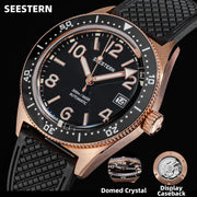 Seestern diver watch, rose-gold case, black dial with luminous numerals, 200m water resistant, rubber strap, automatic