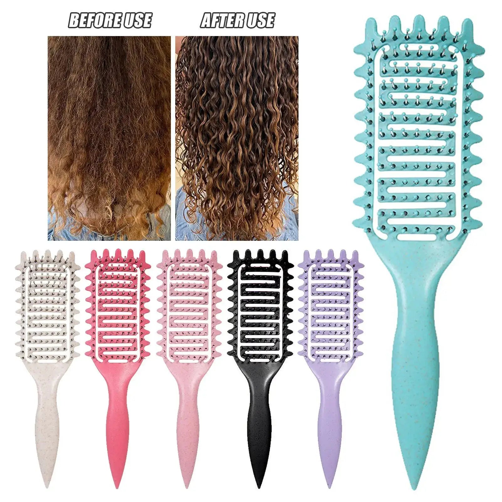 3 in 1 Curl Define Styling Brush by Simples Market; turquoise handle, multi-color 7-piece detangling brush set