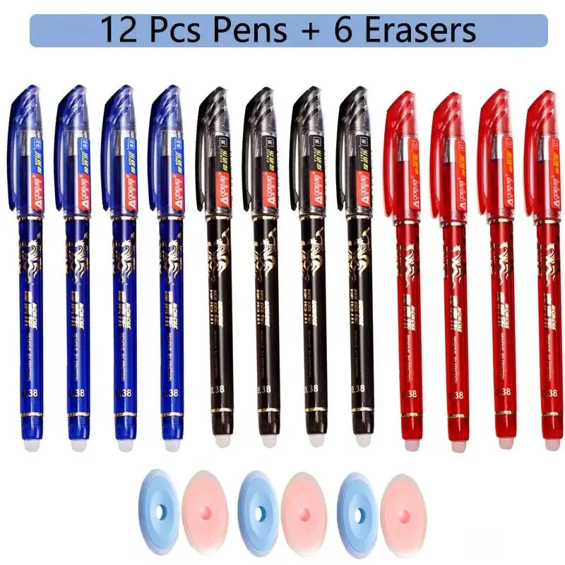 Erasable gel pen set: 12 blue, black, and red pens by Simples Market with 6 pastel erasers