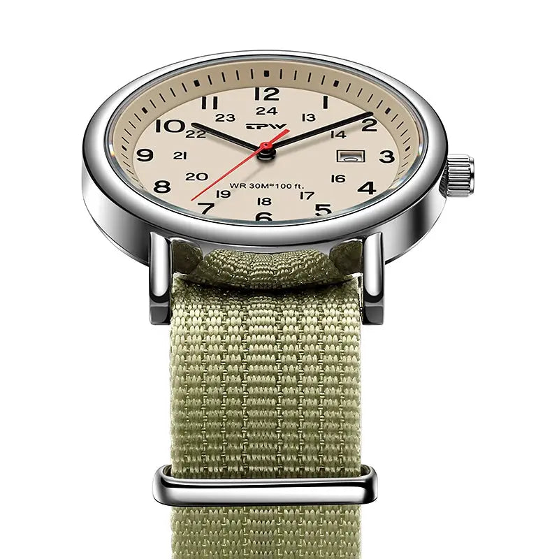 Field watch by Simples Market; beige dial, silver case, olive fabric strap, 24-hour display, quartz movement