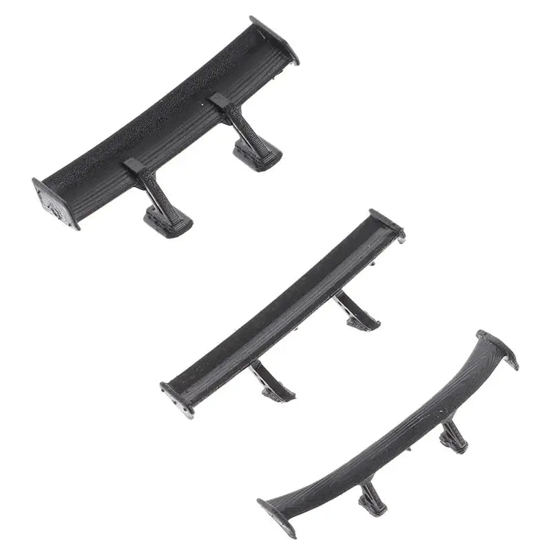 1:64 scale car rear spoiler set, three black plastic mini wings with mounting pegs for model cars