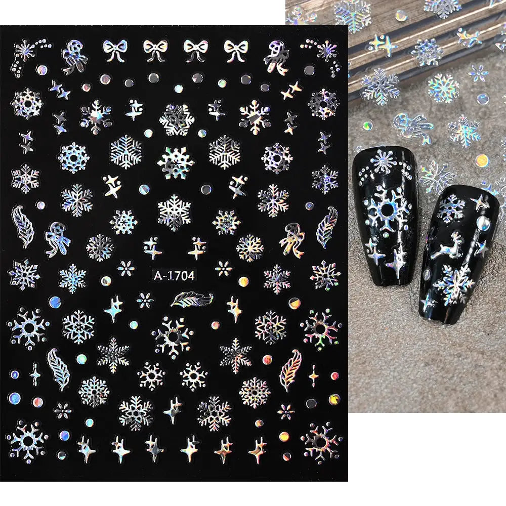 Winter Christmas nail stickers sheet by Simples Market with snowflakes, snowmen and bows; self-adhesive decor