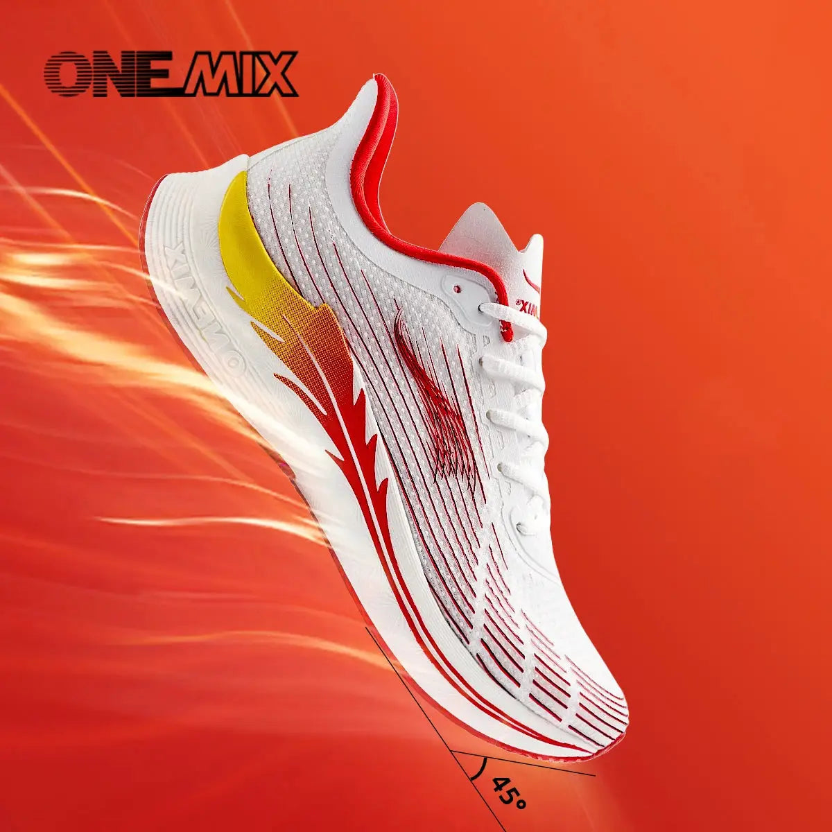 Onemix running shoe, white with red trim and yellow side graphic, breathable lightweight lace-up athletic sneaker.
