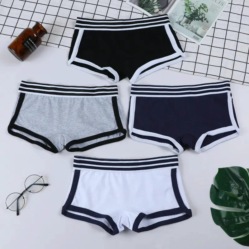 Simples Market women's low-waist boxer boyshort panties, 4-pack in black, gray, navy, and white with white trim