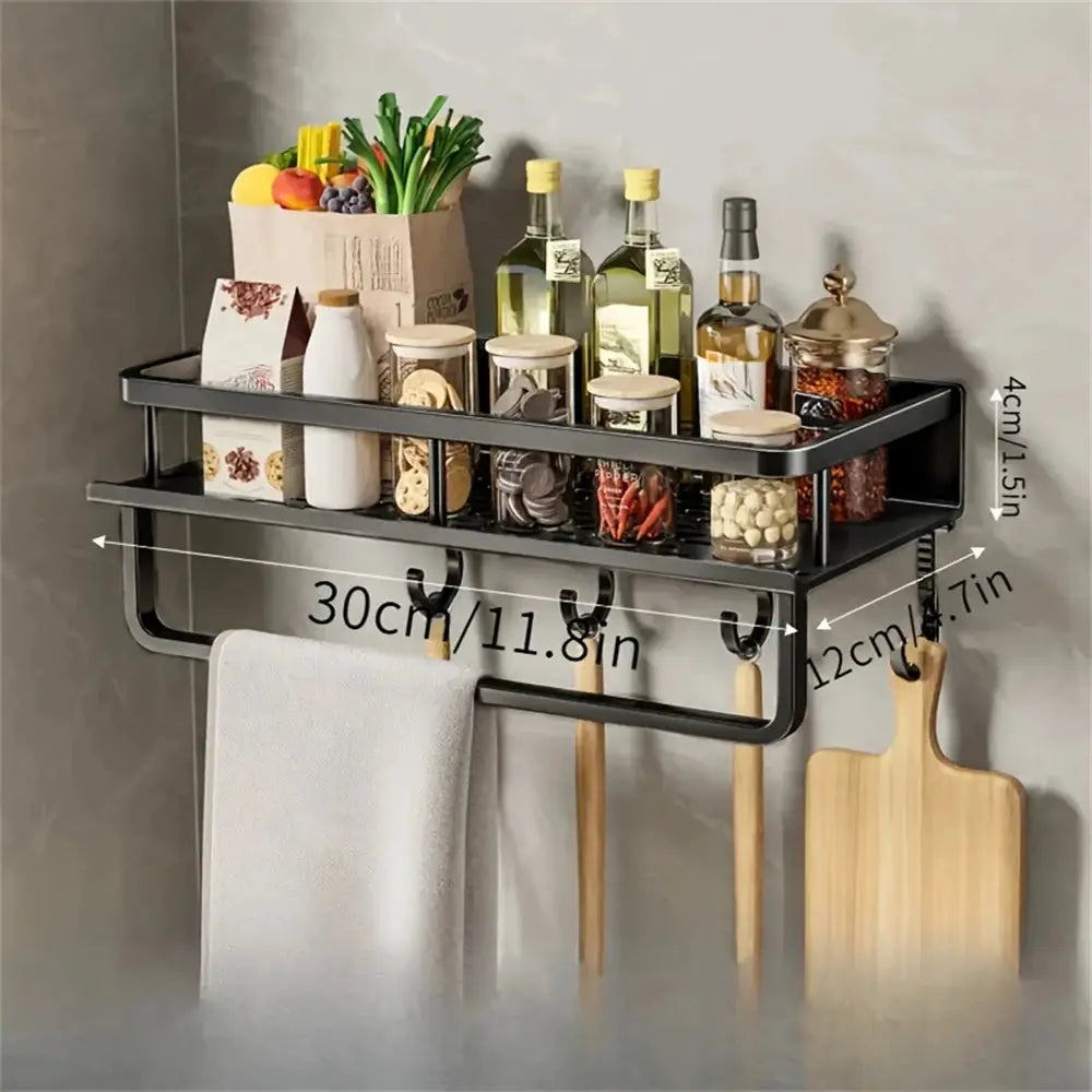 Multi-functional wall-mounted seasoning rack by Simples Market in black with jars, bottles and hooks