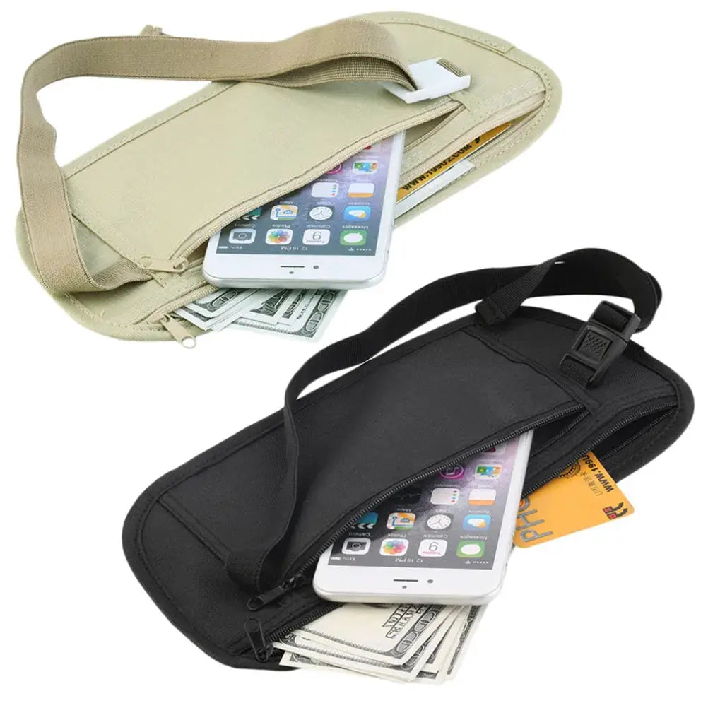 Simples Market invisible travel waist pack twin set in beige and black with passport, cards, and cash pockets.