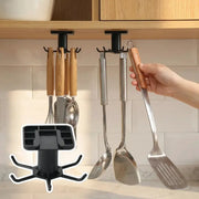 Black 360° rotating adhesive utensil rack with 6 hooks, no-drill under-cabinet mount; stores spoons, spatulas, towels.