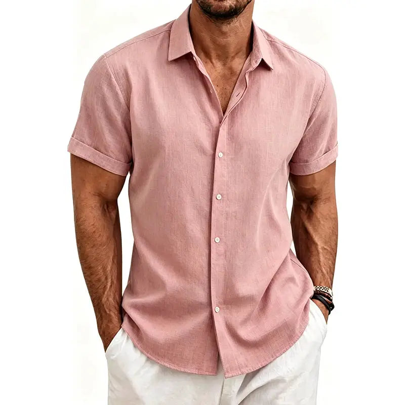 Men's pink linen short-sleeve button-front shirt for casual beachwear