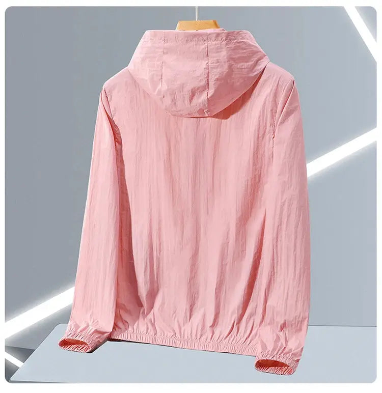 Pink lightweight hooded jacket, back view with elastic hem and cuffs, casual windbreaker