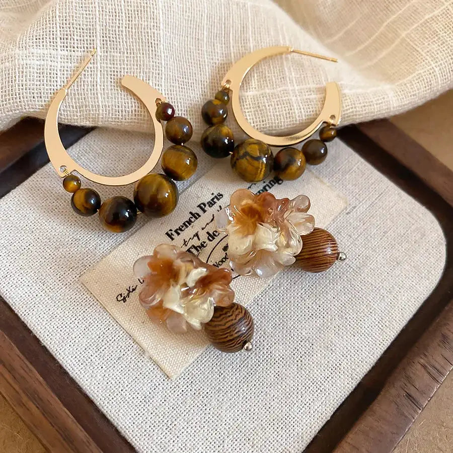 Flower Resin Stud Earrings Brown Vintage Tigers Eye Stone C Shaped Design Women Square Rhinestones Jewelry Daily Wear