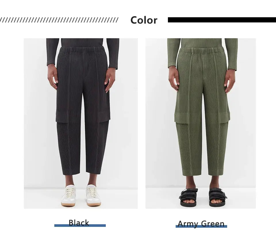 Miyake pleated men cargo pants in black and army green with cargo pockets, 2 color options