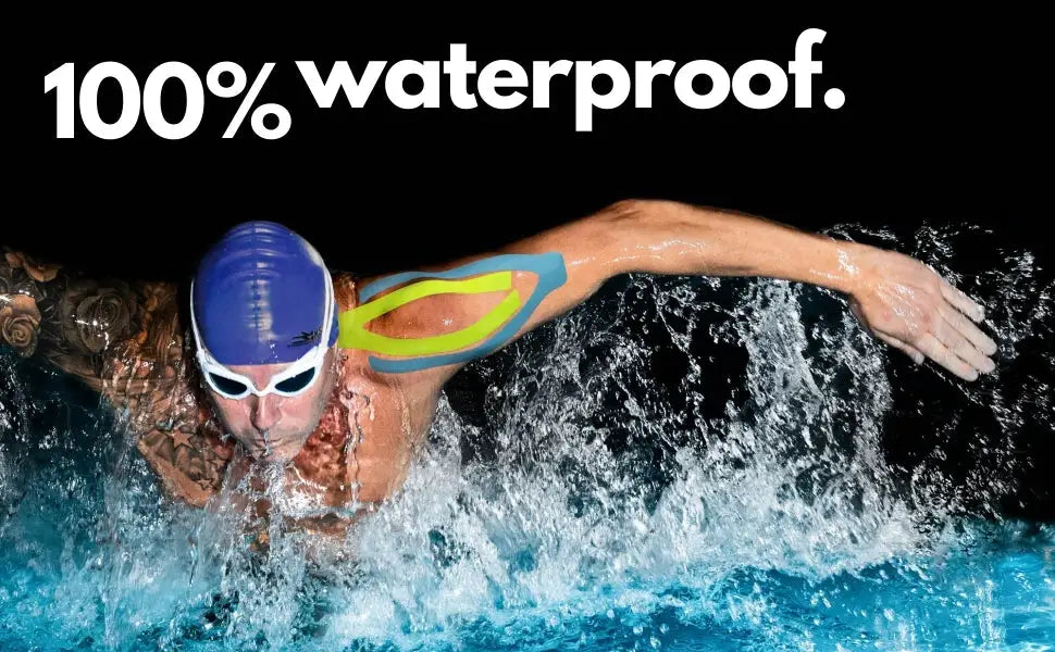 Kinesio tape by Simples Market for athletic recovery; neon green/blue elastic tape on swimmer shoulder