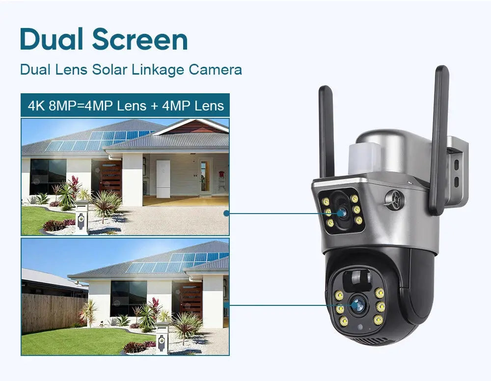 Outdoor solar security camera with dual lenses, night vision, 4K/8MP