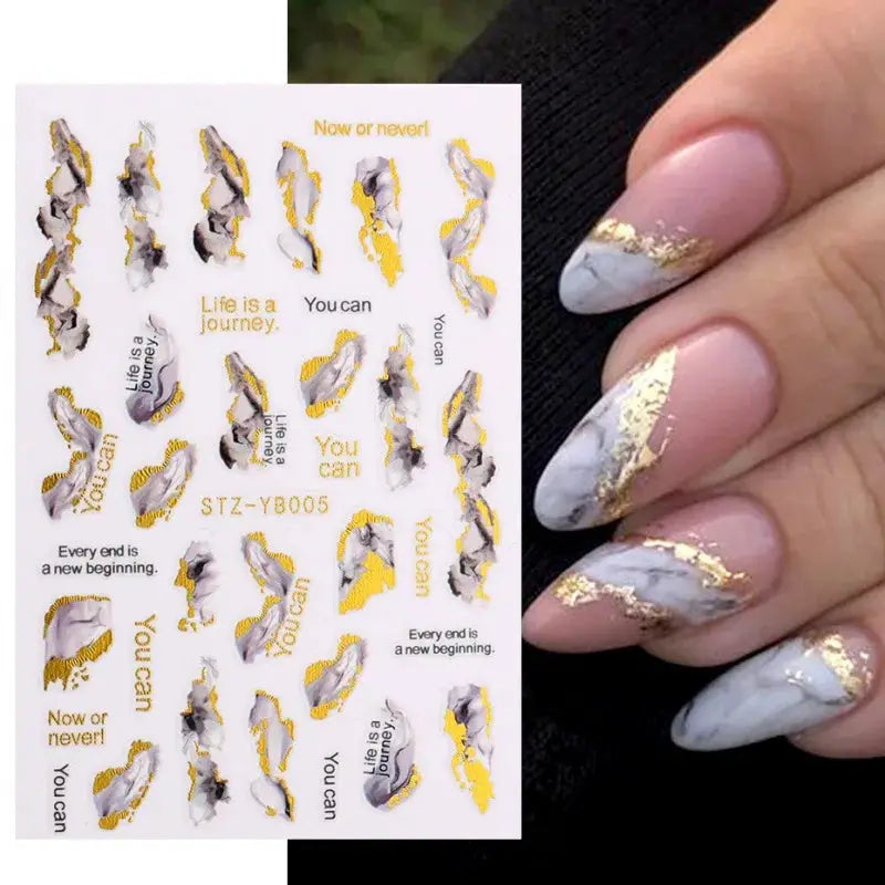 Simples Market 1pc colorful bronzing striped nail art decals with geometric lines and floral motifs; gold foil accents
