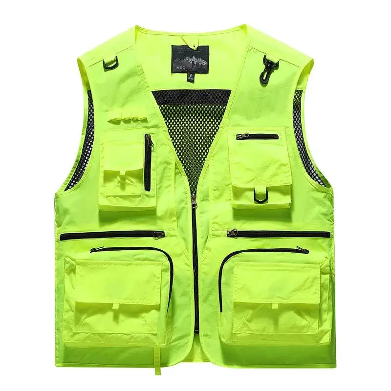 Men's outdoor mesh vest by Simples Market in neon lime with multiple pockets and zip front