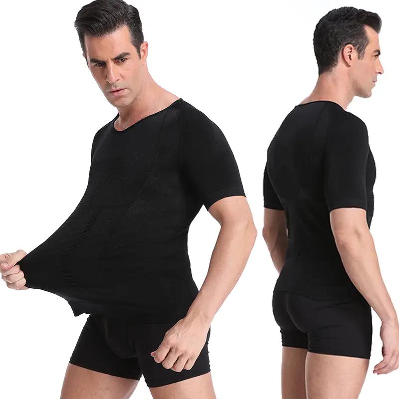 Simples Market men's black body shaper compression undershirt; seamless waist trainer, front and back views