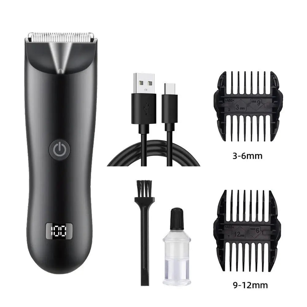Simples Market men's groin trimmer with ceramic blade; wet/dry USB charging; 2 guards (3–6mm, 9–12mm), brush, oil.